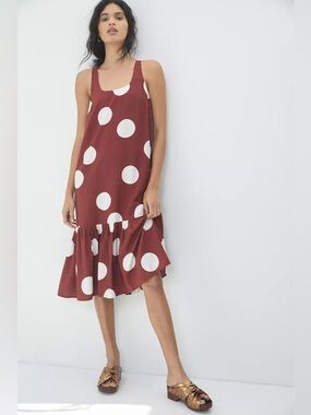By Anthropologie Michaela Flounced Polka Dot Midi Dress w/ Pockets | Small